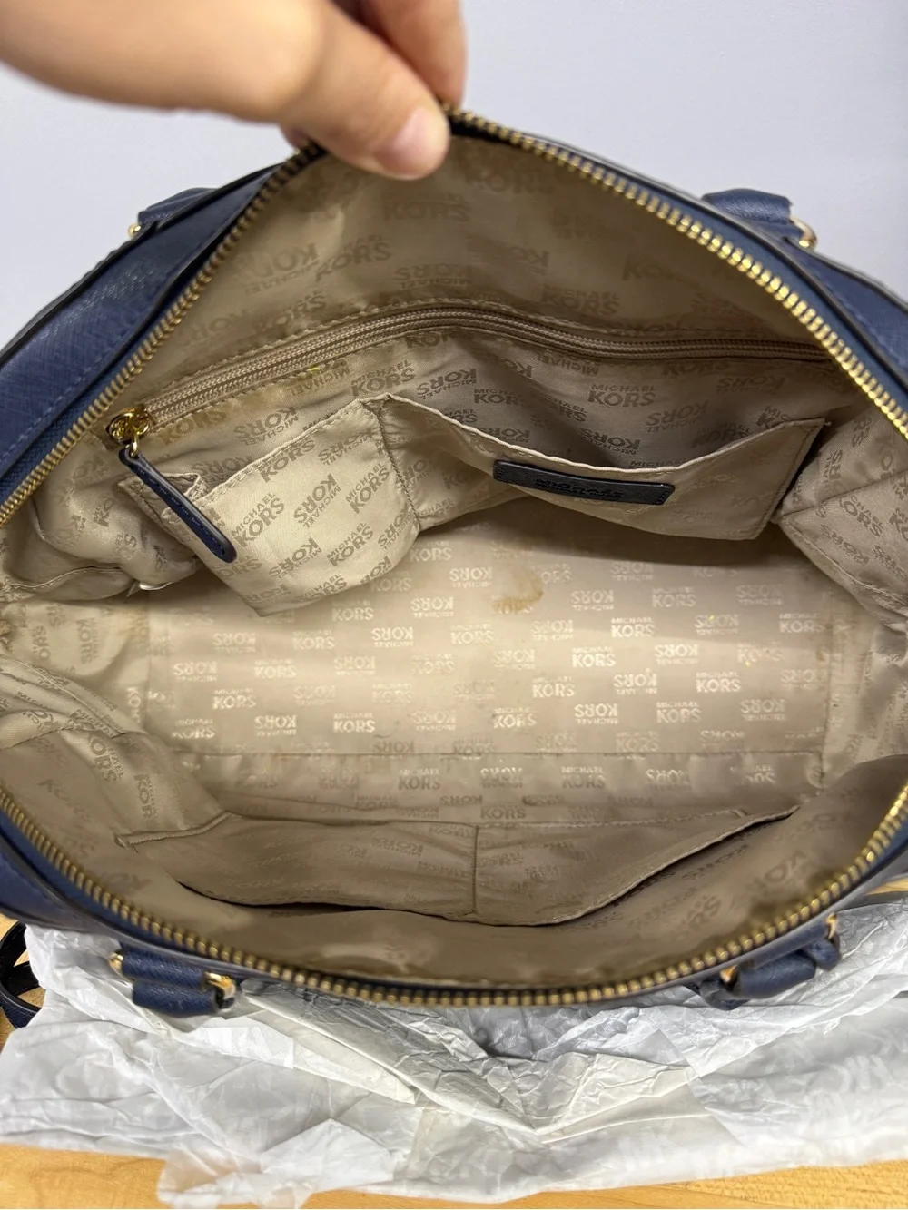 Michael Kors Navy Saffiano Satchel with Gold Hardware